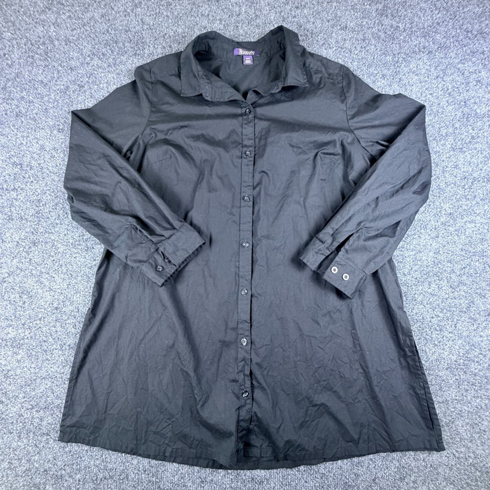 Roamans Shirt Dress Women 20W Black Cotton Side Slit Button Front Relaxed Office